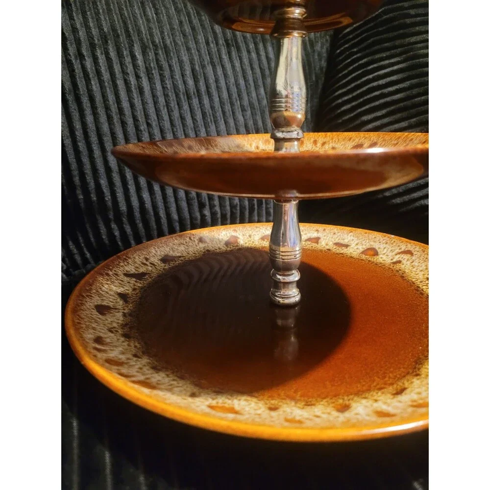 Carefree Ironstone by Canonsburg 3‑Tier Tidbit Tray – Brown Drip Vintage